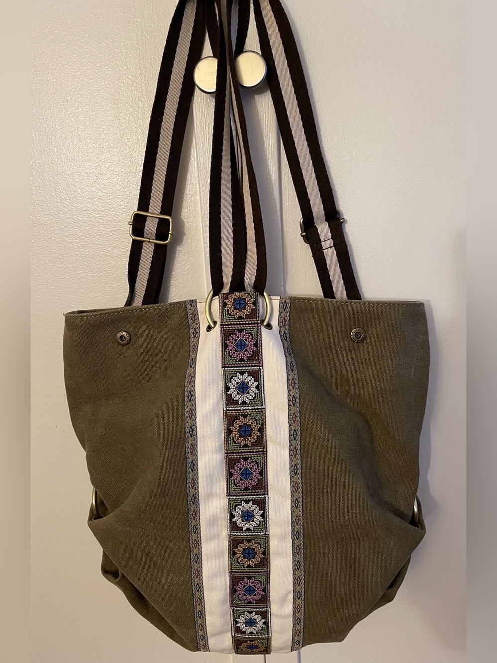 Olive Canvas Tote Bag backpack with Embroidered Accent Excellent Shape Like New